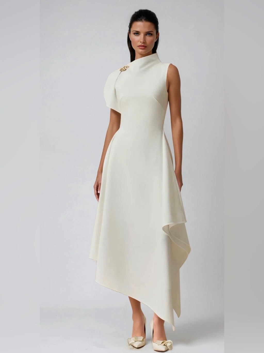 Asymmetrical Cream Midi Dress With Draped Shoulder Detail